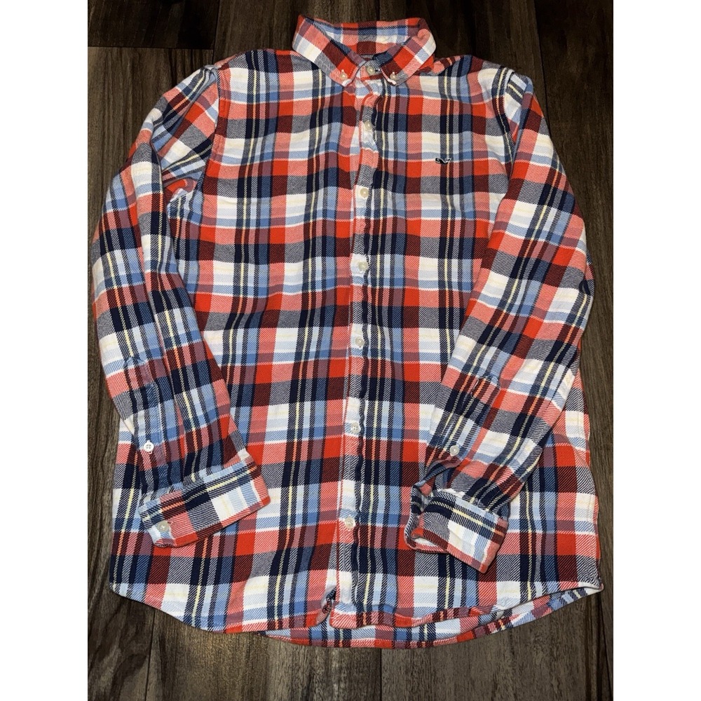 Boys Vineyard Vines Whale Shirt Button Down Plaid Blue Red 100% Cotton Sz L - Picture 1 of 8